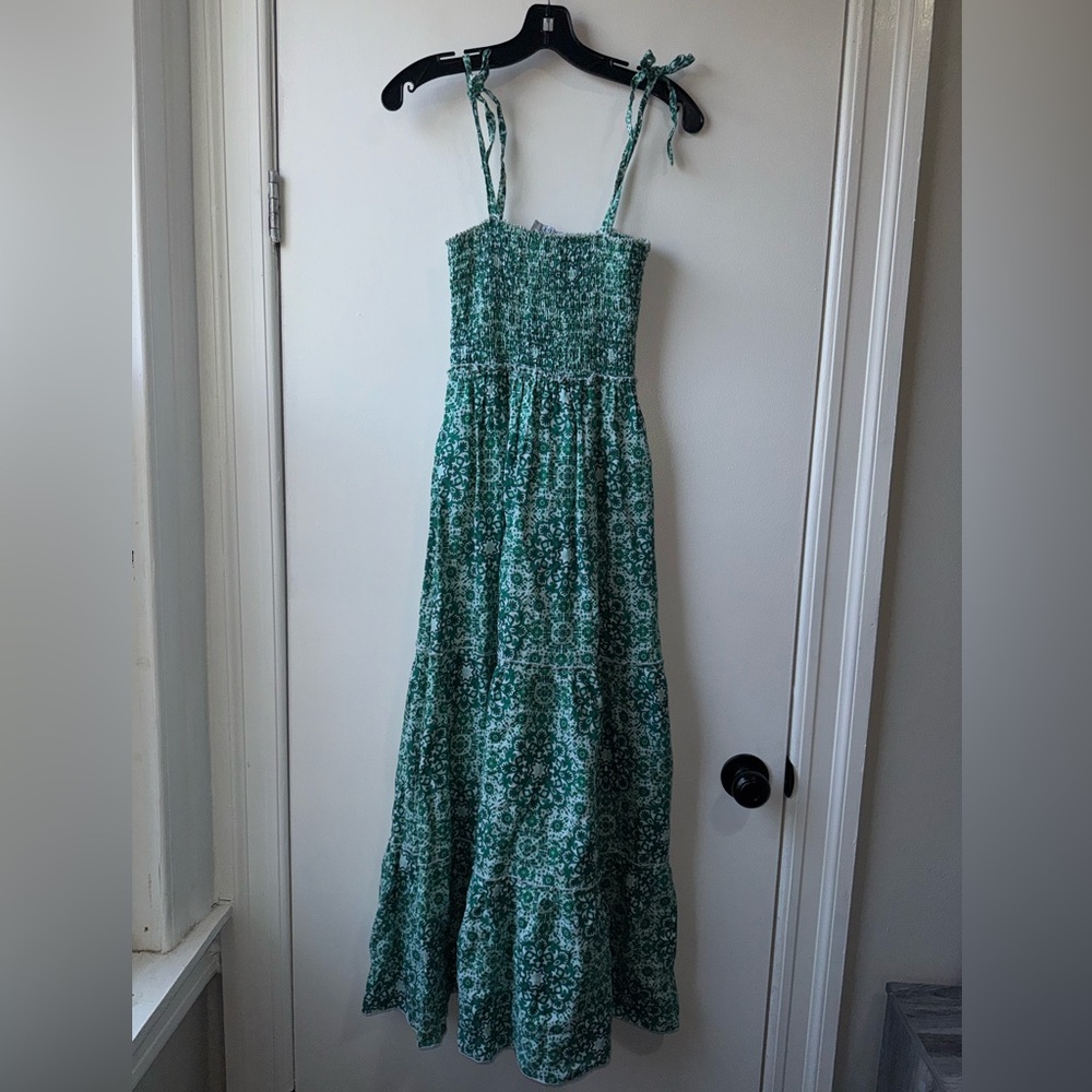 Idillio Positand Smocked Green Floral Tie-Strap Maxi Dress